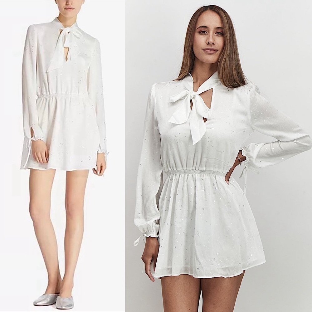 NWT AVEC FILLES Metallic Abstract Print Long Sleeve Tie Neck Ruffle Cuff Dress M